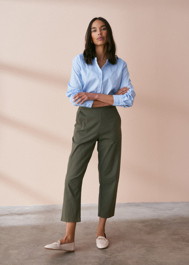 Khaki cotton slim fit trousers