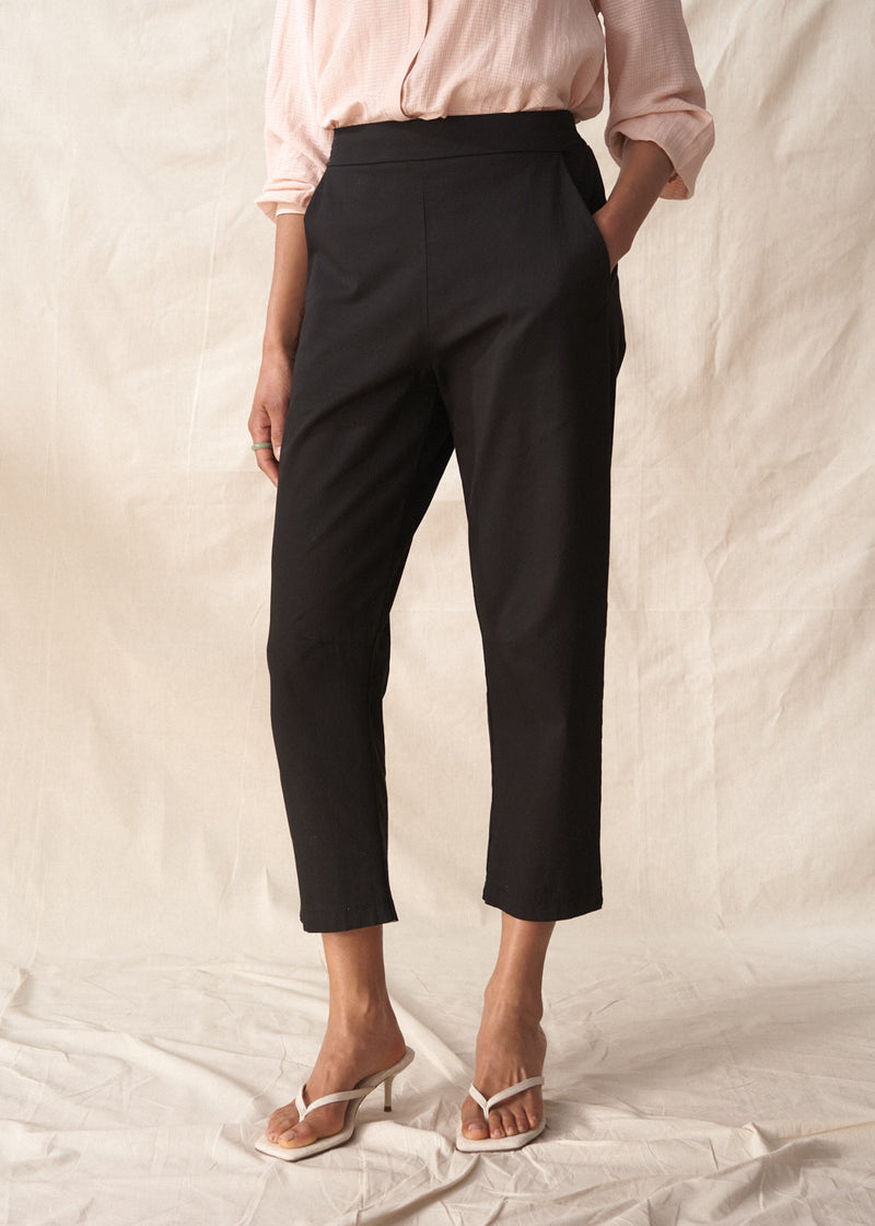 Black cotton tapered trousers