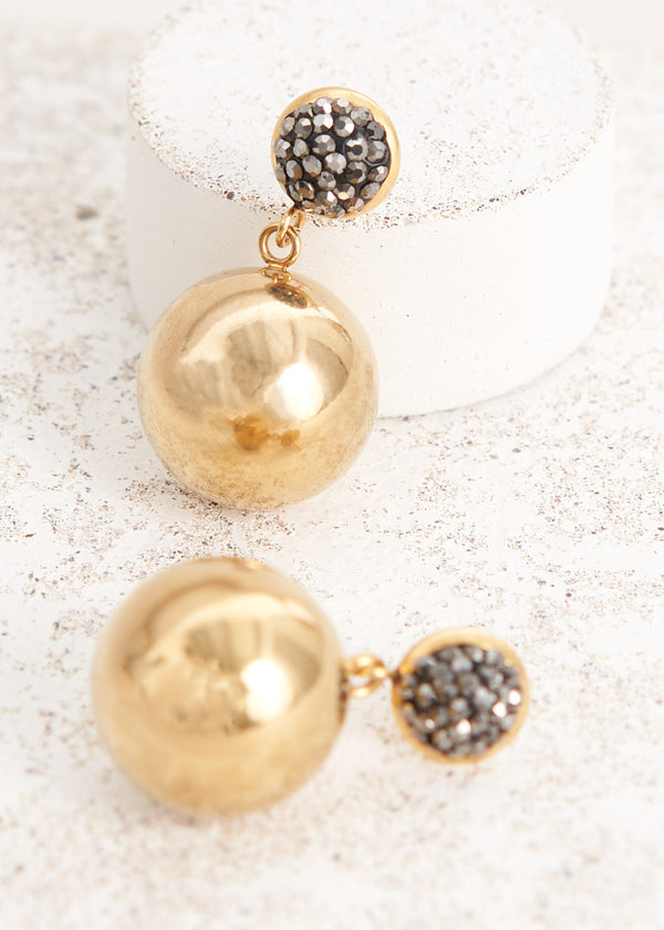 Gold ball drop earrings with crystal