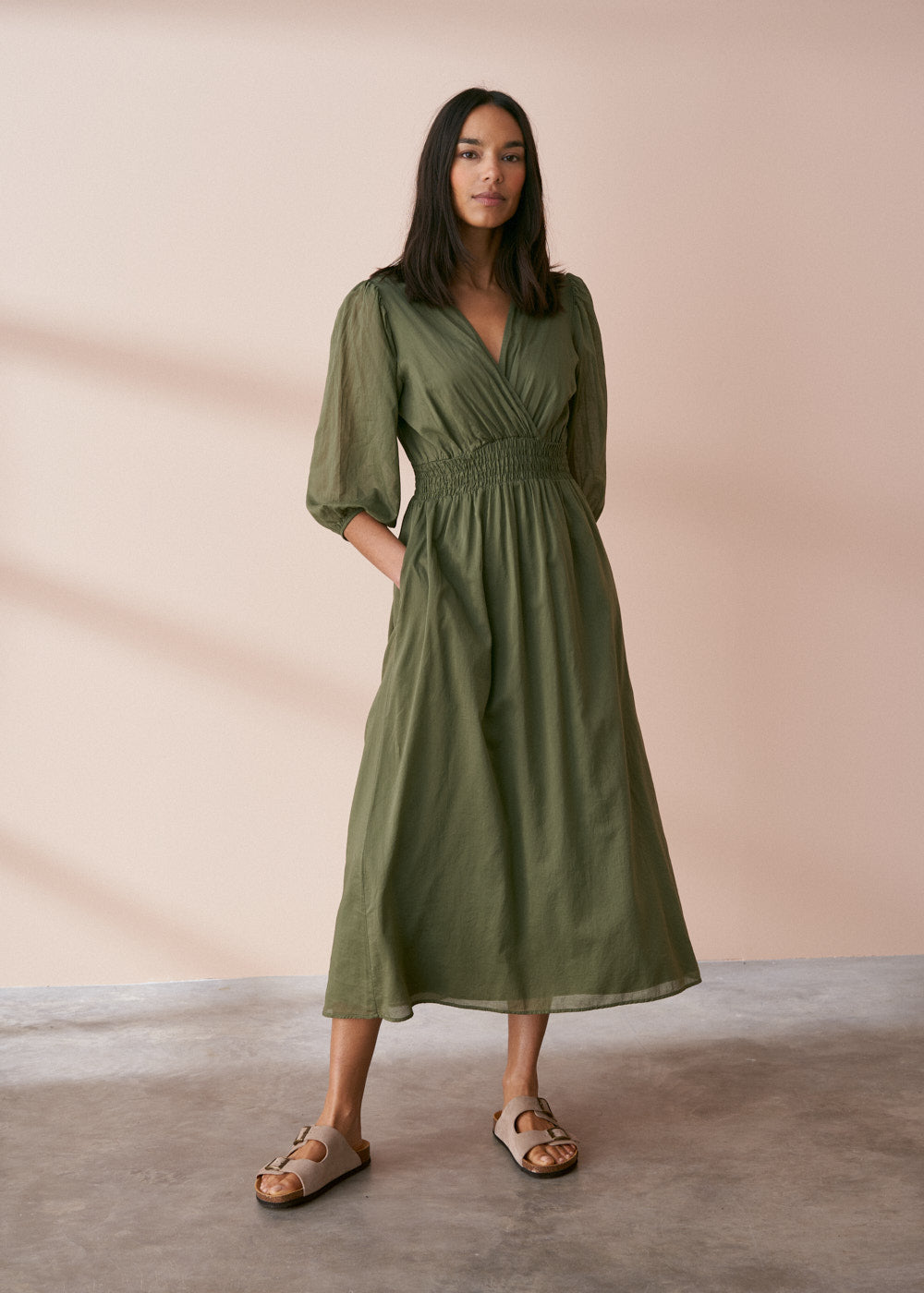 Regina Cotton Dress - Dark Khaki | Midi Dresses
