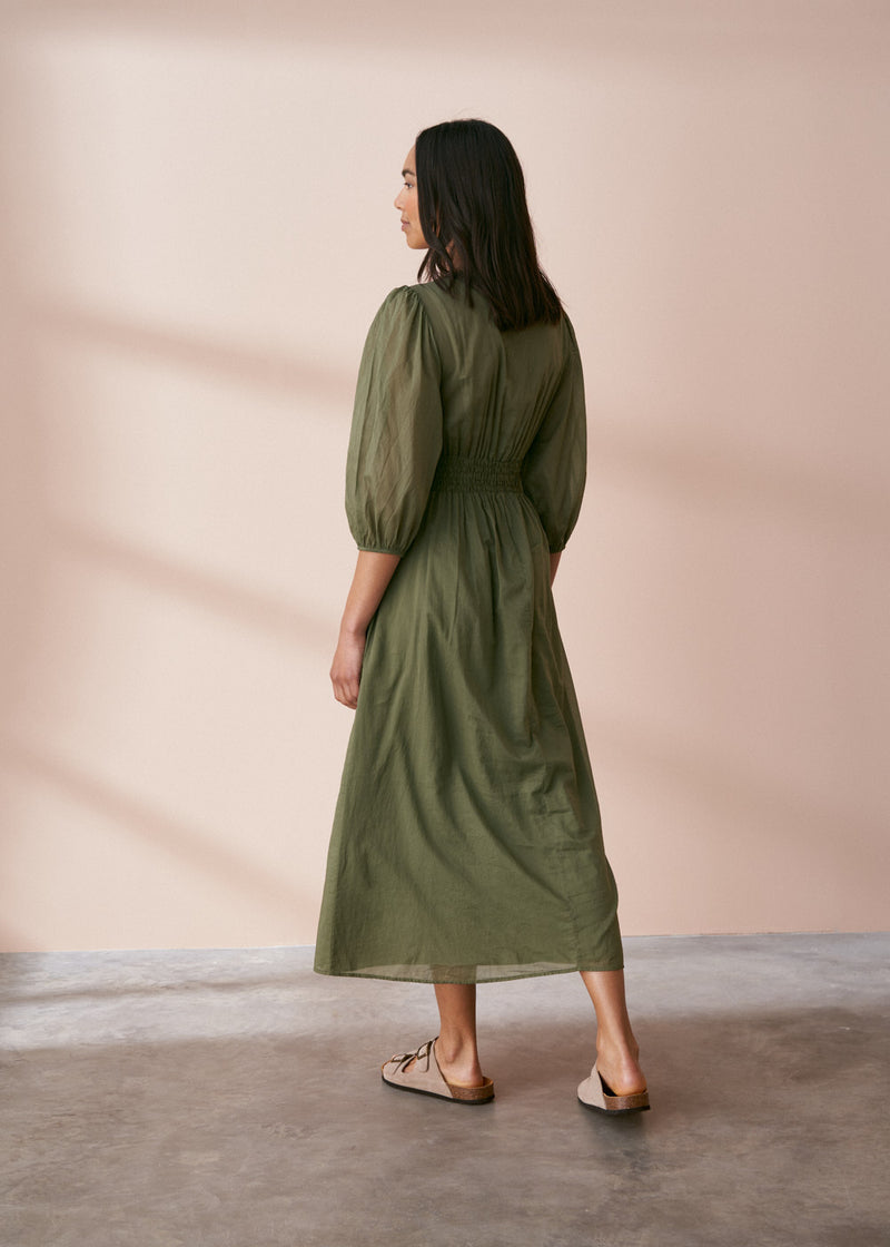 Khaki green cotton layered midi sun dress
