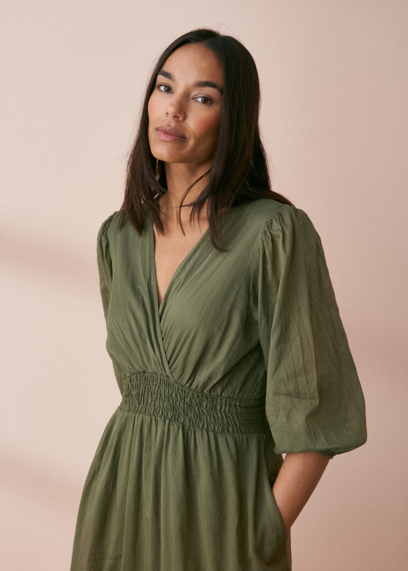 Khaki green cotton layered midi sun dress