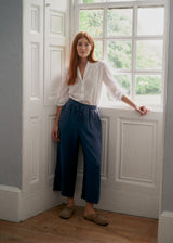 POPPY WIDE LEG CROPPED LINEN TROUSER - NAVY