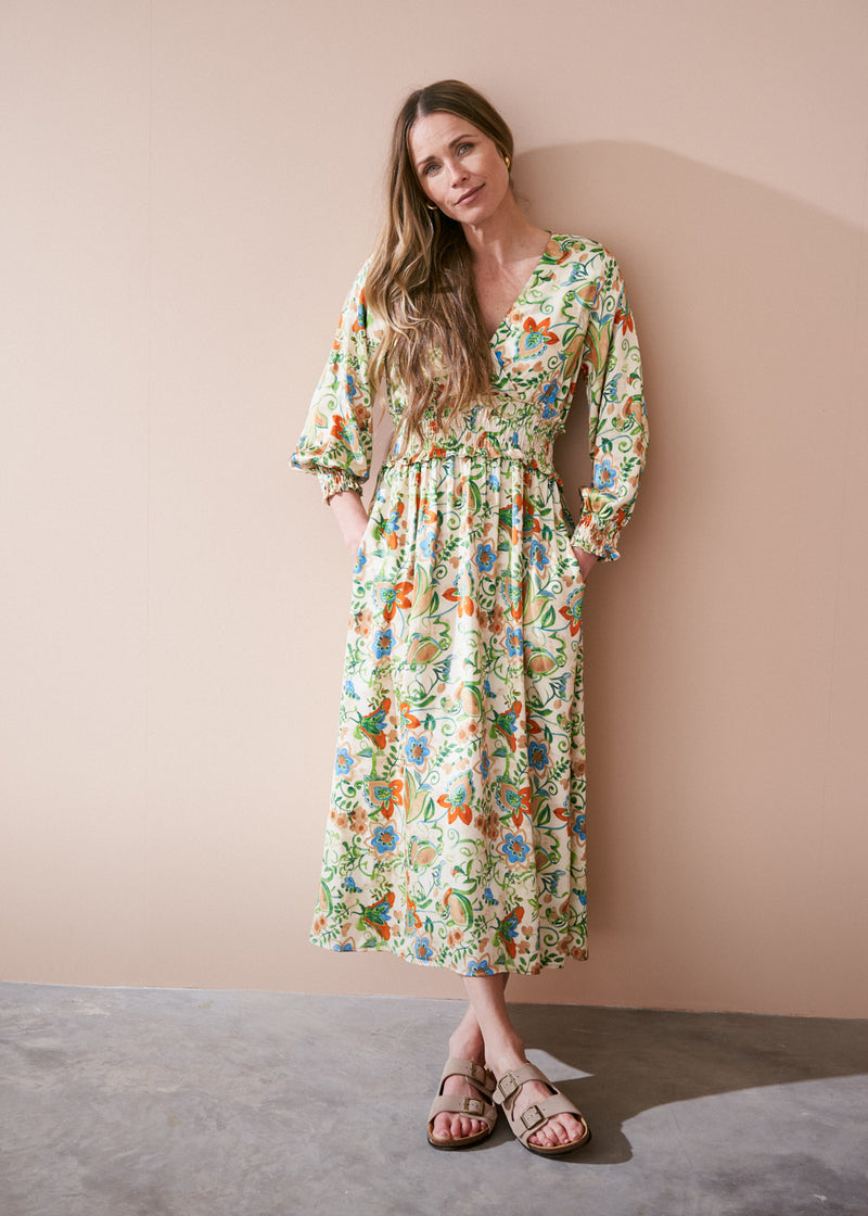 Pale yellow midi dress with floral print
