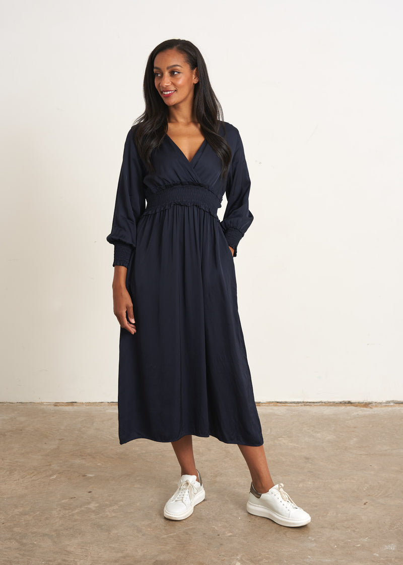 Navy blue satin midi dress