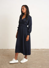 Navy blue satin midi dress