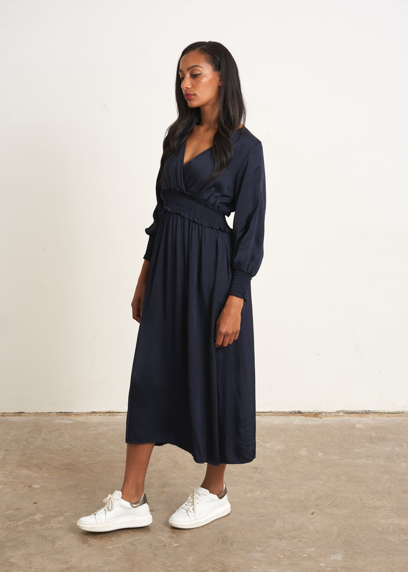 Navy blue satin midi dress