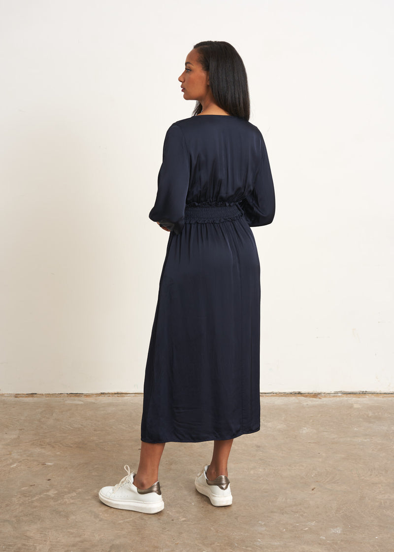 Navy blue satin midi dress