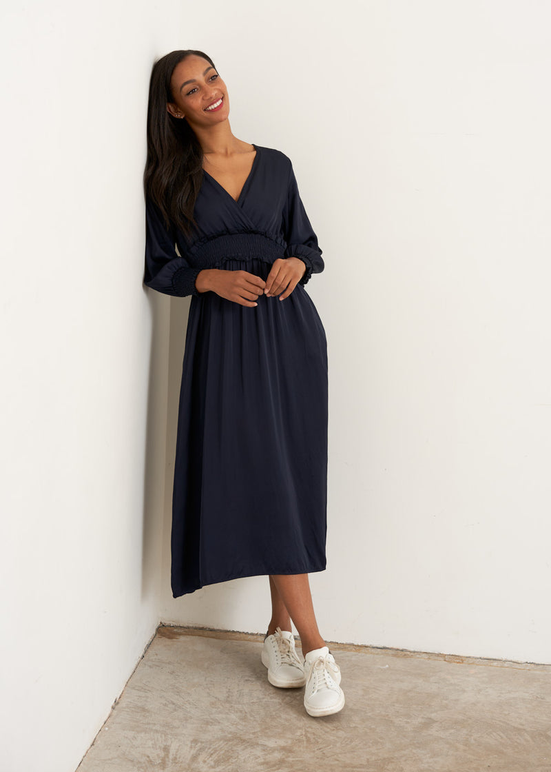 Navy blue satin midi dress