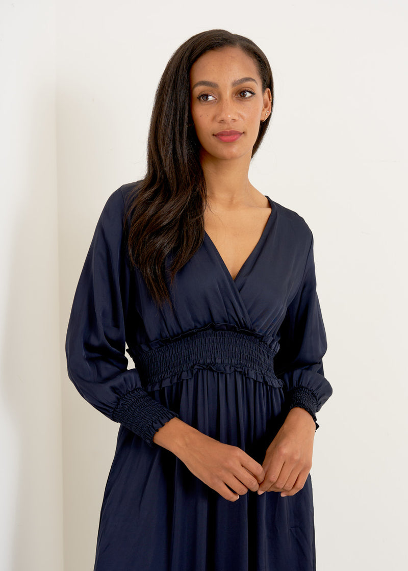 Navy blue satin midi dress