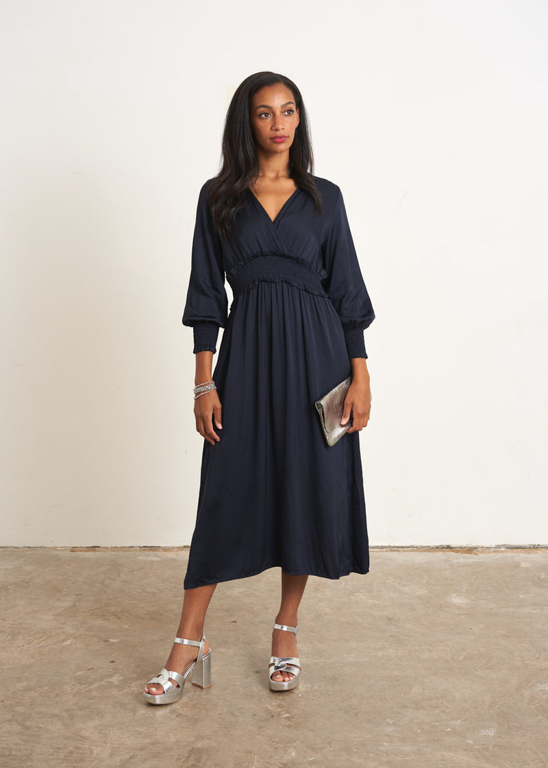 Navy blue satin midi dress