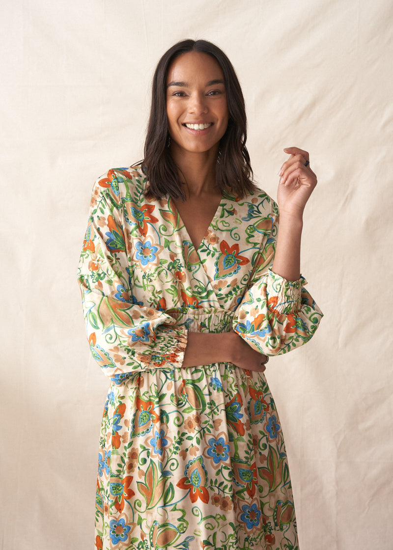 Pale yellow midi dress with floral print