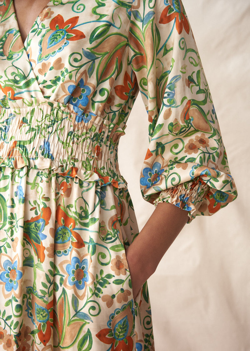 Pale yellow midi dress with floral print
