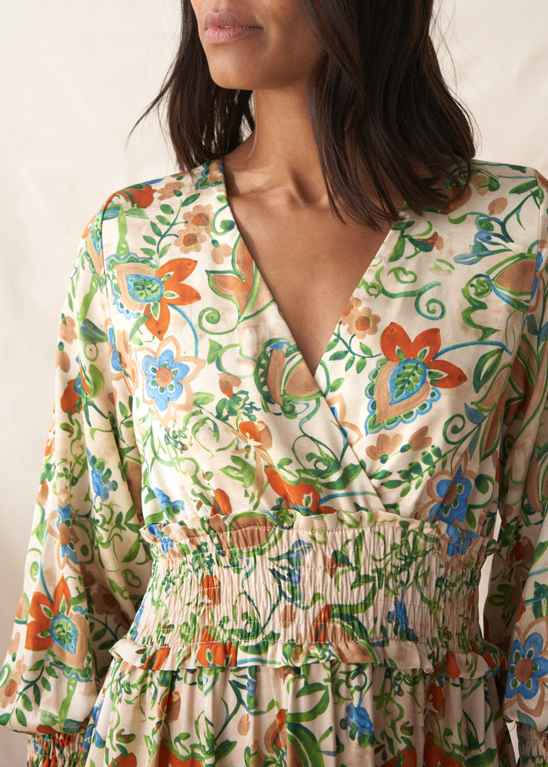 Pale yellow midi dress with floral print