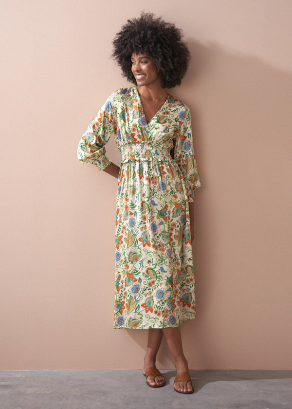 Pale yellow midi dress with floral print
