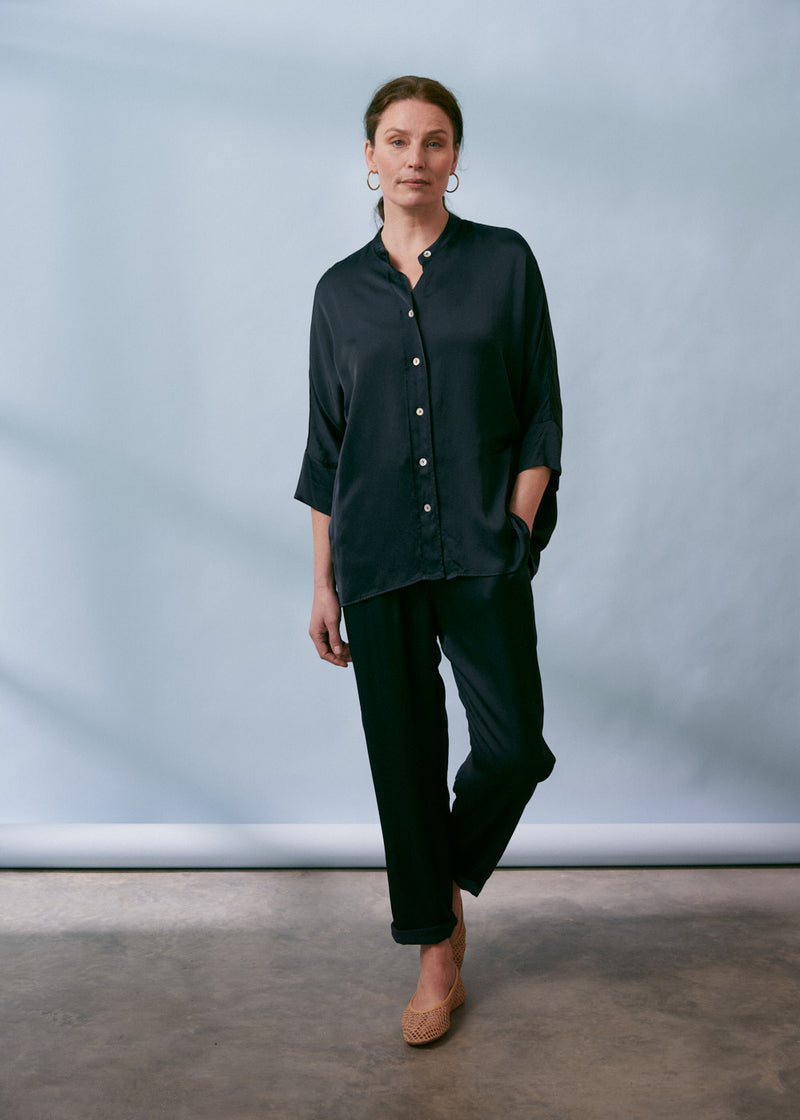 Blue satin button up shirt
