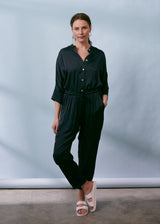 Navy satin tapered trousers