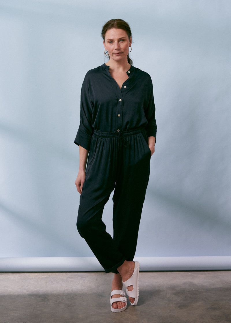 Navy satin tapered trousers