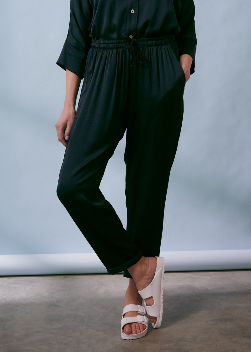 Navy satin tapered trousers