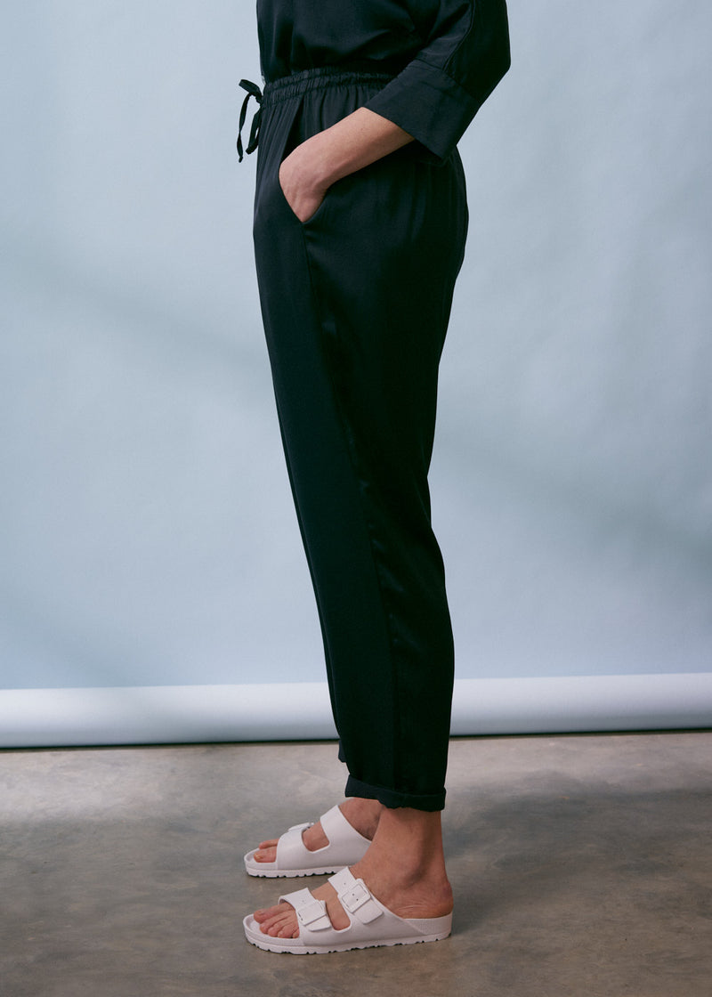 Navy satin tapered trousers