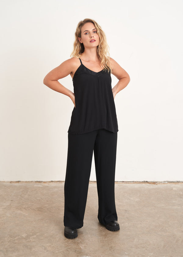 Black satin trim camisole top