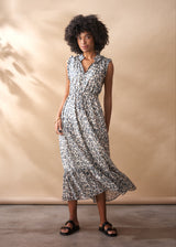 Soft grey leopard print midi dress with ruffle collar