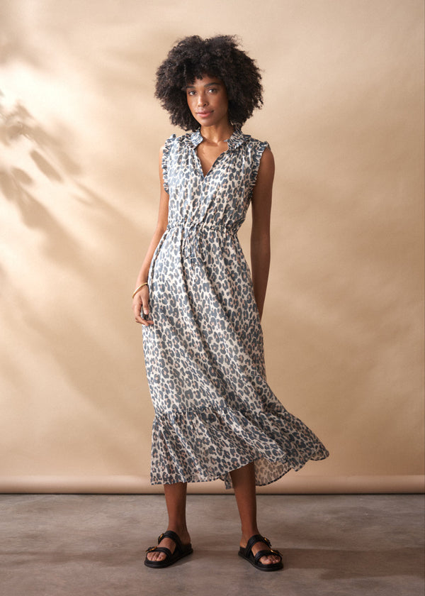 Soft grey leopard print midi dress with ruffle collar