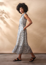 Soft grey leopard print midi dress with ruffle collar