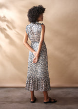Soft grey leopard print midi dress with ruffle collar