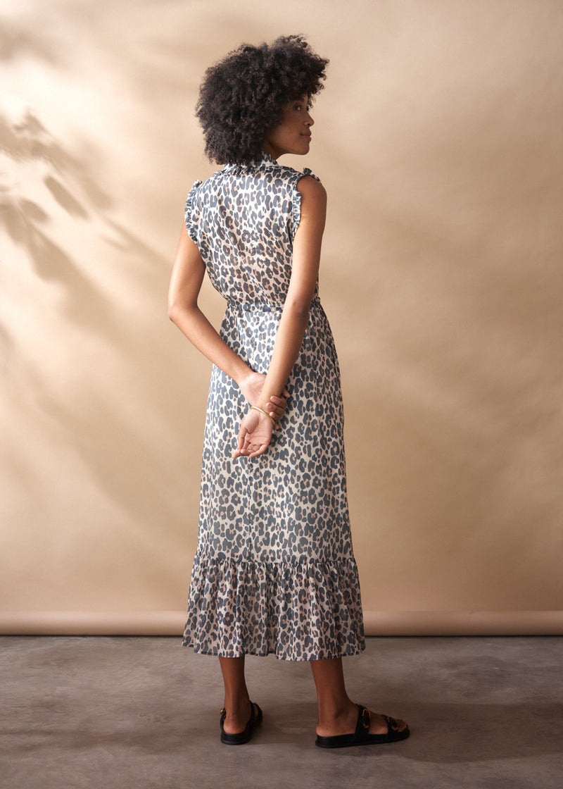 Soft grey leopard print midi dress with ruffle collar