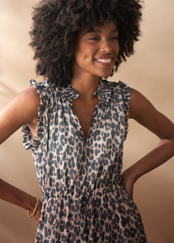 Soft grey leopard print midi dress with ruffle collar