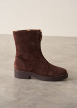 Brown suede zip front ankle boots