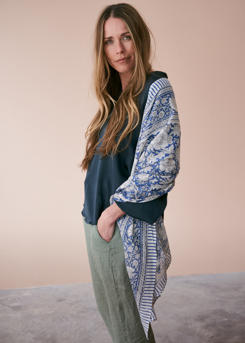 Blue white floral printed scarf