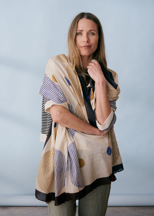 Blue and mustard yellow printed scarf