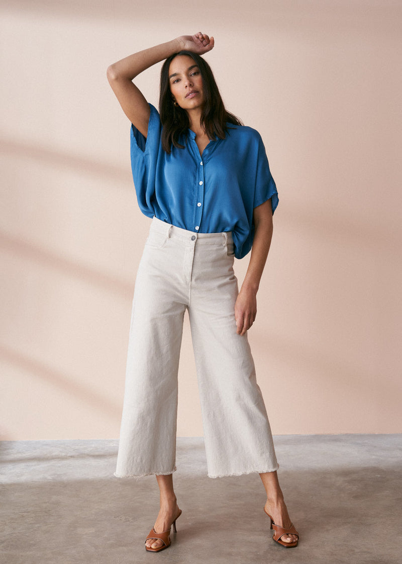Teal satin short sleeve shirt