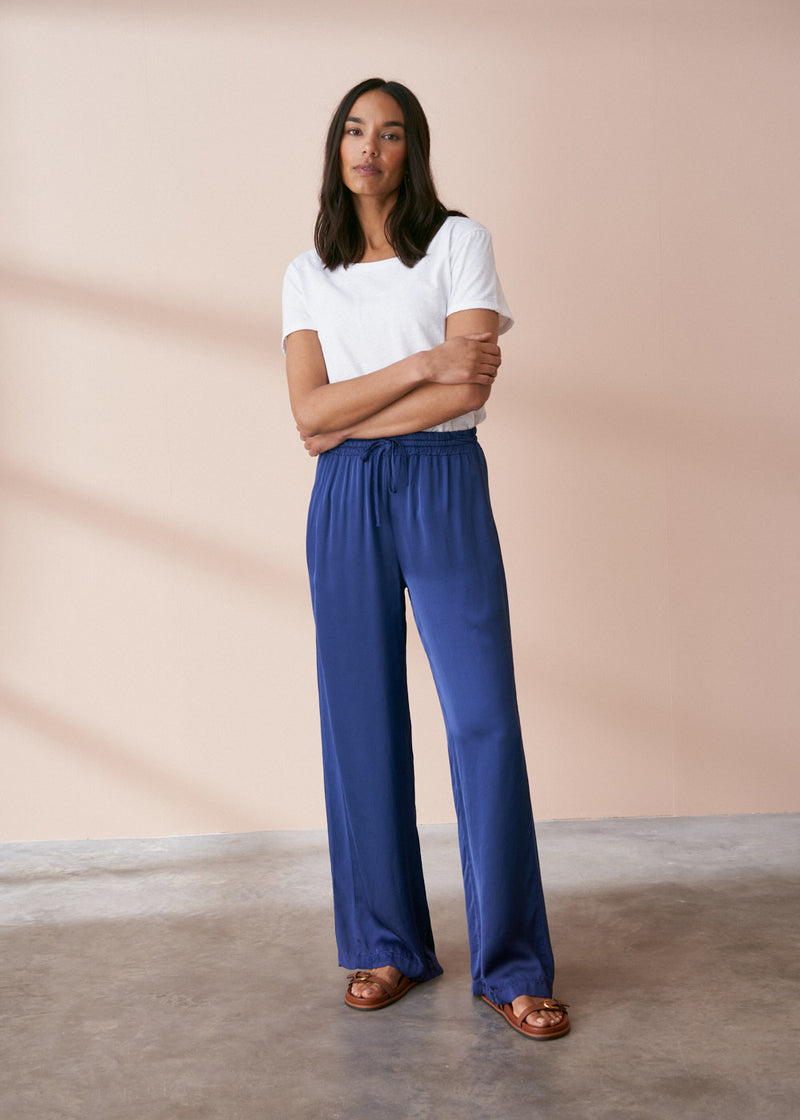 Blue long satin trousers