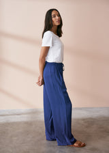 Blue long satin trousers