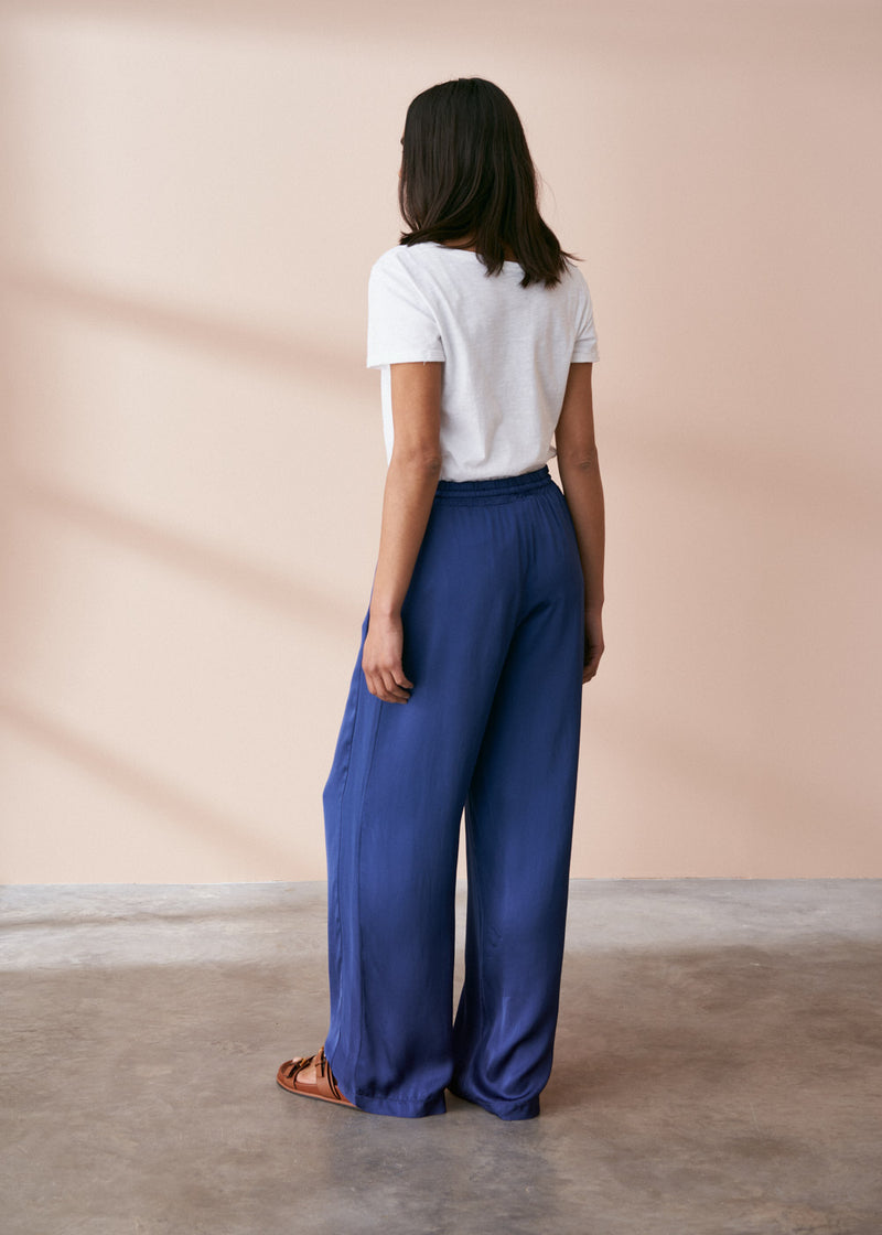 Blue long satin trousers