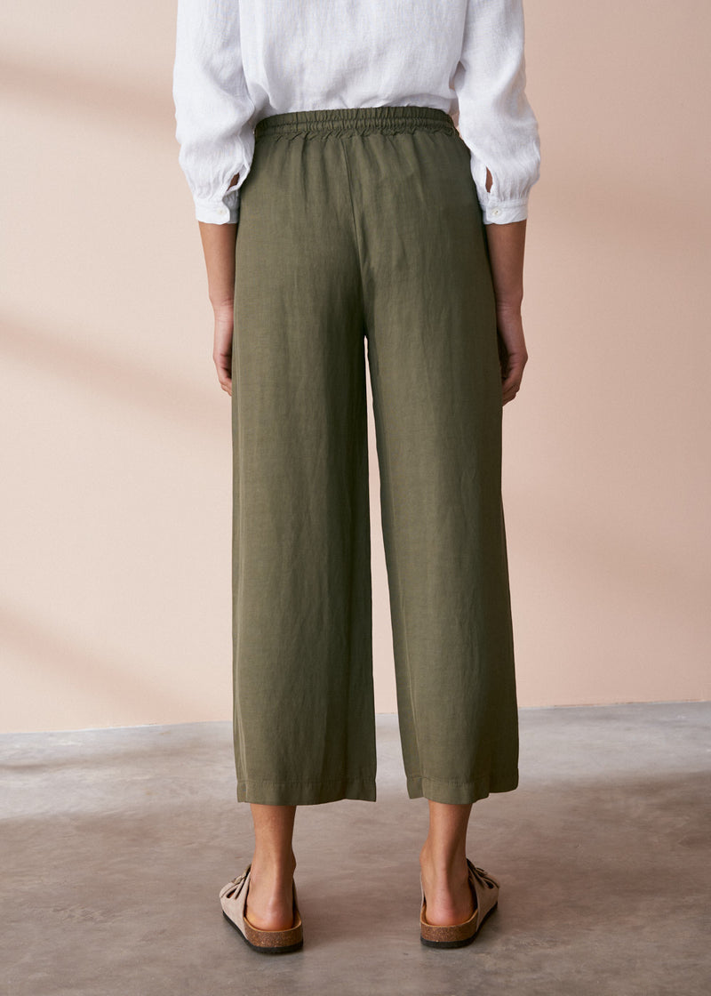 Khaki cropped linen blend trousers