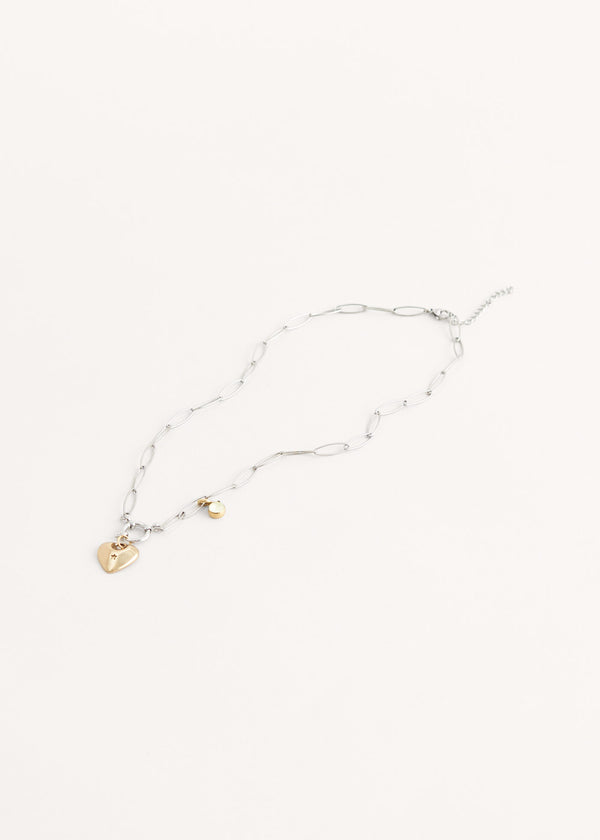 Silver and gold heart charm necklace