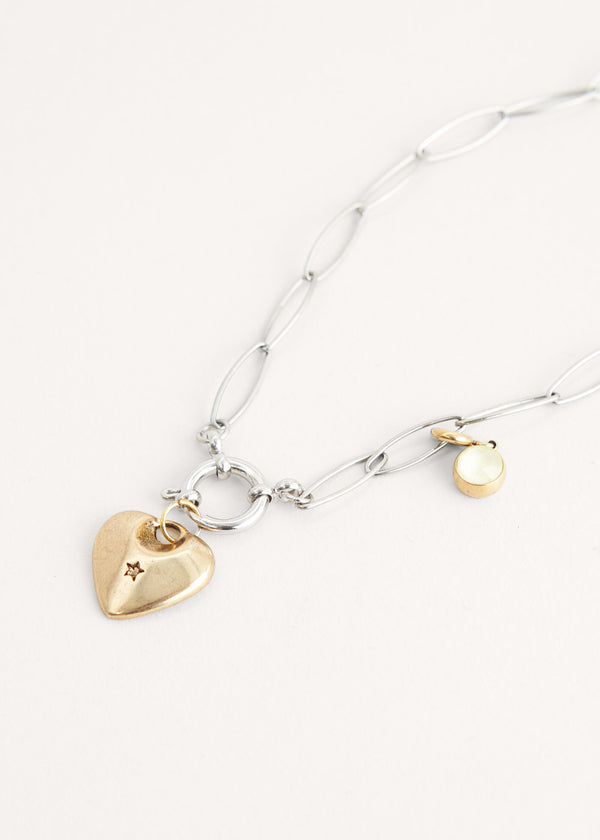 Silver and gold heart charm necklace