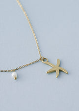 Simple chain necklace with starfish and pearl pendant