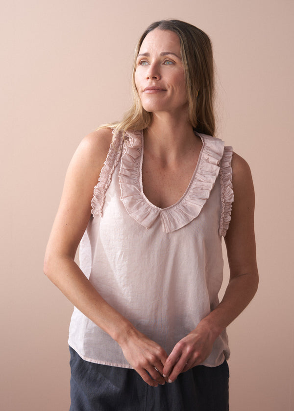 Pale pink ruffle trim light cotton vest top
