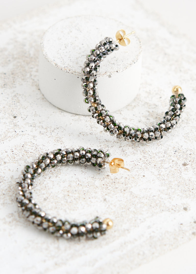 Grey crystal beaded hoop earrings