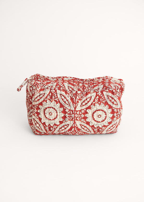 Red botanical print quilted wash bag