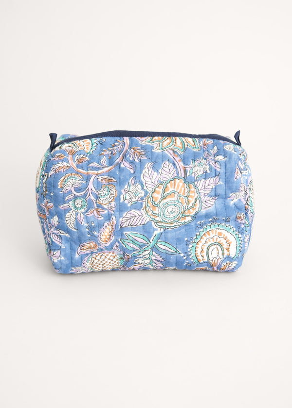 Blue botanical print quilted wash bag