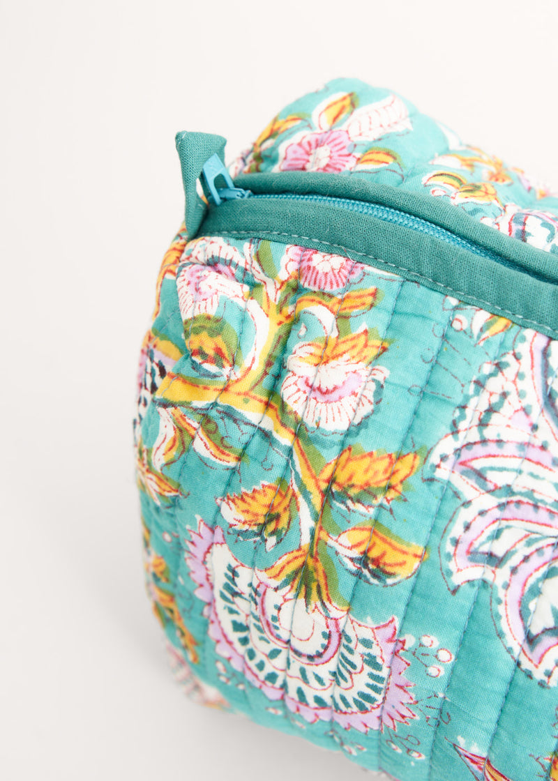Turquoise floral quilted wash bag