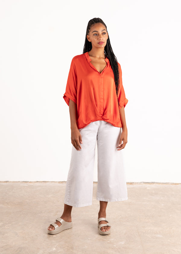 Red satin button up top