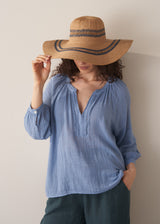 Women wearing an oversized straw hat with blue cotton top and linen trousers, against a beige background