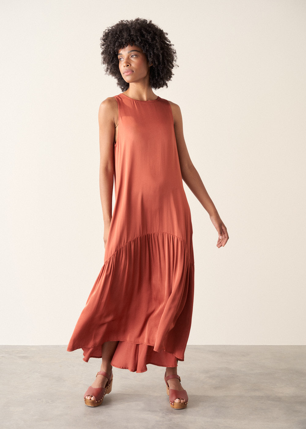 terracotta satin dress Lisa Matte in adjustable spaghetti straps for support that are underneath self Azazie Abby Junior